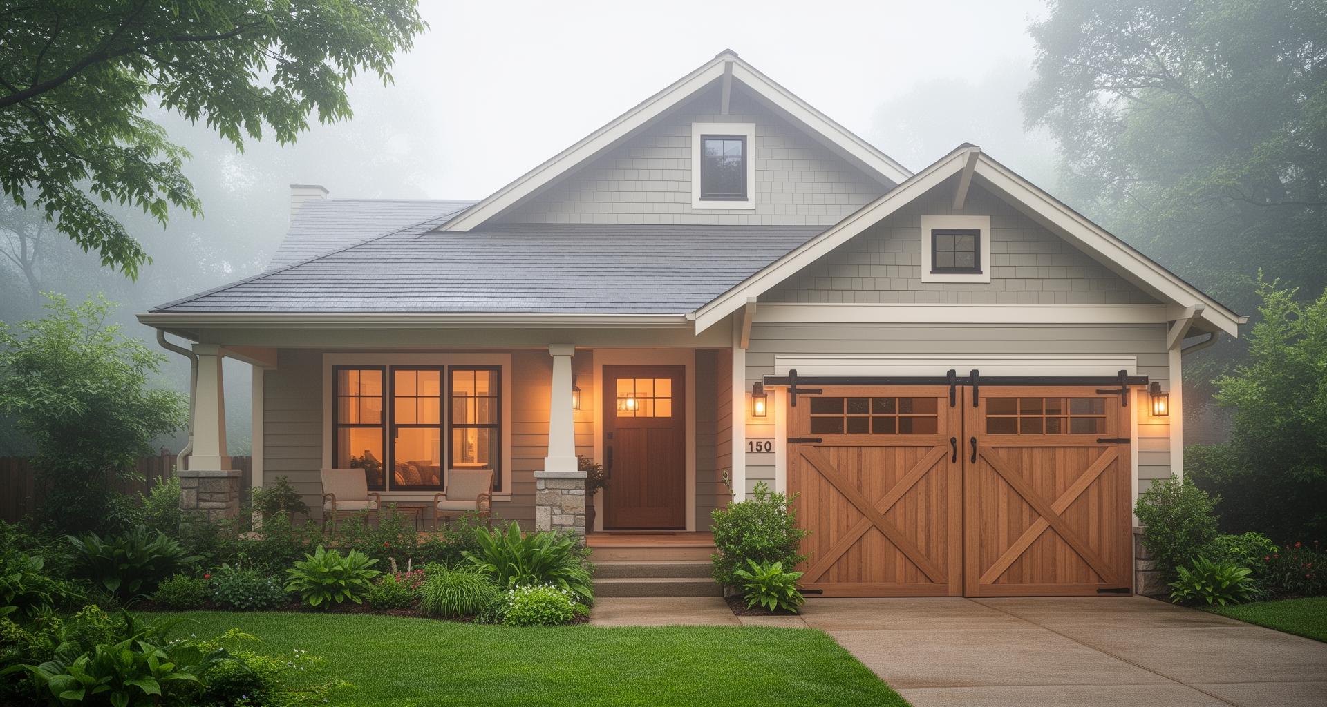 Beautiful craftsman bungalow with farmhouse barn-style X-pattern garage doors in Maitland, Florida